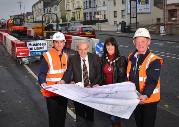 enda Shields, FP McCann, Normam Wilson, Cookstown Chamber of Trade, Councillor Linda Dillon, Chair of Mid Ulster District Council, and Jim McCloy, FP McCann, are pictured in Cookstown as work begins on the multi-million pound public realm scheme.