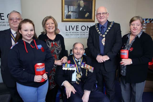 Ballymena Mayor Billy Ashe launched the new Poppy Appeal at the Ballymena Services Club on Saturday morning with club members and ex servicemen. INBT 45-806H