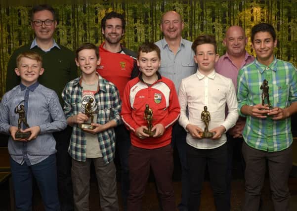 Down player Kevin McKernan presented  awards to Ballyvarley Hurlers Players of the Year, Thomas Lennon, Conor Brolly, Matthew Malone,  Rory Og Gaynor and Imran Hussain at the Clubs' Presentation Evening in The Belmont Hotel, included are Coaches John Brolly, Terence Lennon and Brendan Donald. ©Paul Byrne Photography INBL1544-219PB