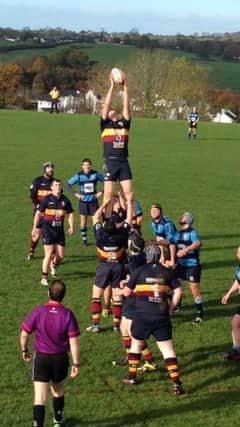 Lineout ball secured by Robin Sinton in Bann Thirds' league win over Dromore.