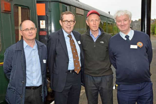 Sir Peter Luff (2nd left) chairman of Heritage Lottery Fund UK, with the Railway Preservation Society of Ireland's  Paul McCann, secretary; Dermot Mackie, engine driver and Henry Ritchie, Whitehead train manager. INCT 43-002-PSB