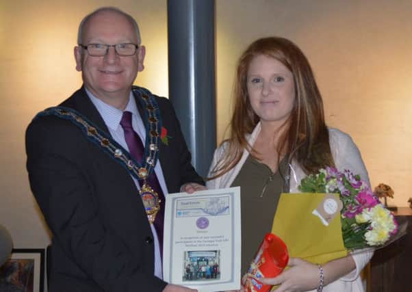 Mayor of Mid and East Antrim, Councillor Billy Ashe with Test Town winner Lisa Davis, AM Weddings and Events.  INCT 45-727-CON