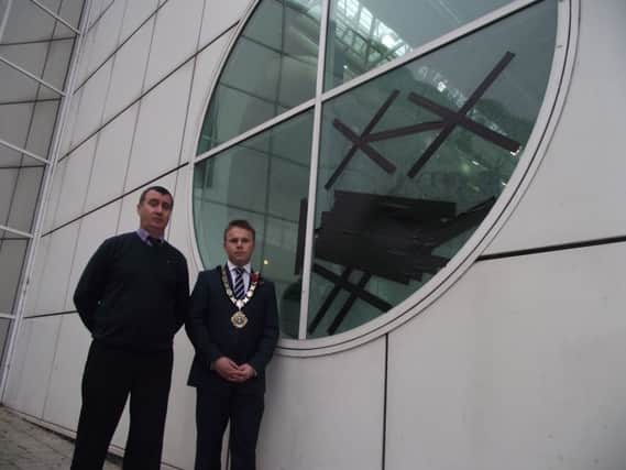Sixmile Leisure Centre manager, Neil McGowan and Mayor of Antrim and Newtownabbey, Councillor Thomas Hogg assess the damage caused over the weekend. INNT 45-516CON