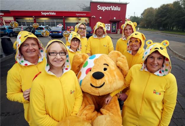 PRESS EYE

* NO FEE *

Thursday 5th November 2015 -

Photographer Matt Mackey / Press Eye

A team from McCool's SuperValu, Ballymoney are preparing to put their best 'paw' forward for Children in Need. Ten members of staff, including store manager Ian Elliott, will be taking on a 51-mile Pudsey trolley push from the Ballymoney store to Belfast on November 12-13. The group will pass through various towns, encouraging donations and support, as they make their way to the BBC Studios for the appeal night. Follow the team's journey at www.facebook.com/supervaluballymoney  .