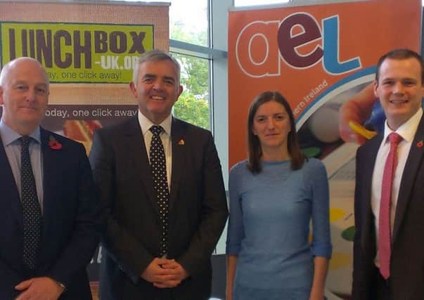 L-R AEL CEO David Hunter, Enterprise Minister Jonathan Bell, AEL Administration and Finance Manager Laura Steele and East Antrim MLA Gordon Lyons. INLT-45-715-VL