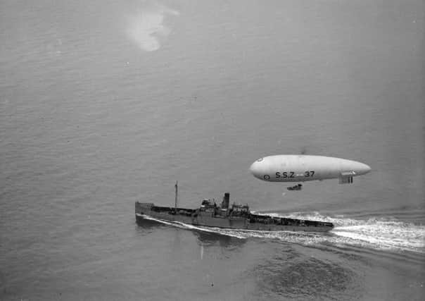 A Sea Scout Zero airship from Ballyliffin over a convoy off the north Irish coast.