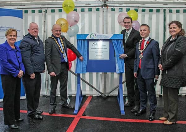 Council Chief Excecutive Jacqui Dixon, Alderman John Smyth, Chairman of Operations Committee, Deputy Mayor John Blair, Enviroment Minister Mark H Durkan, Mayor Thomas Hogg and Geraldine Girvan, Director of Operations, at the opening of the O'Neill Road Recycling Centre. INNT 45-510-SO Pic by Shirley O'Neill