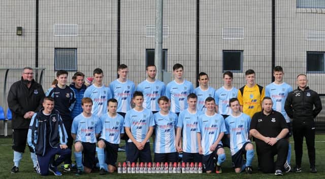 Ballymena United U19s who have had protein drinks sponsored by Dale Farm. Seen here before Saturday's game with team coaches Paul Quigley, Clifford Adams and John Clarke.
