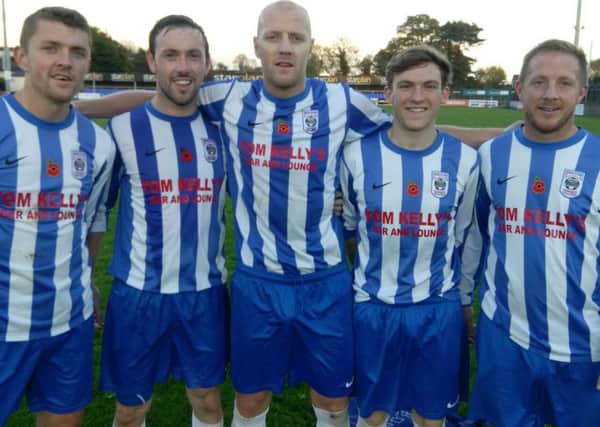 Moneyslane scorers Stevie Coulter, Gareth Rees, Darragh Peden, Gregg Harrison, Ritchie Nesbitt in their poppy shirts.