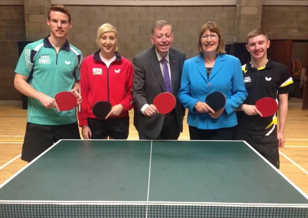 Left to Right:  Gavin Maguire (Irish No 1), Charlotte Carey (Welsh No 1), Alderman Paul Porter, Mrs Pat Hunter (Chair Table Tennis Ireland), Ashley Robinson (Irish No 3).