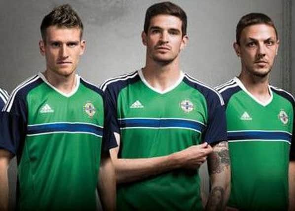 Northern Ireland team members in the new Euro 2016 home kit