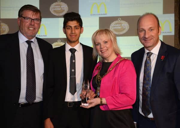 Winner of the Junior Sportsman at the Causewau and Glens Sports awards was Varun Chopra presented by Mayor of Causeway Coast and Glens Borough Council, Councillor Michelle Knight McQuillan, with compere for the evening Stephen Watson, and sponsored by the Bruce Bailie, McDonalds Coleraine.