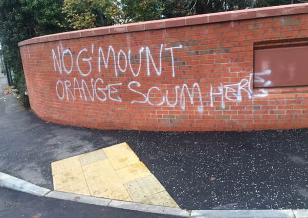 The graffiti which has been daubed on the entrance to the Felden site on the Mill Road. INNT 46-813CON