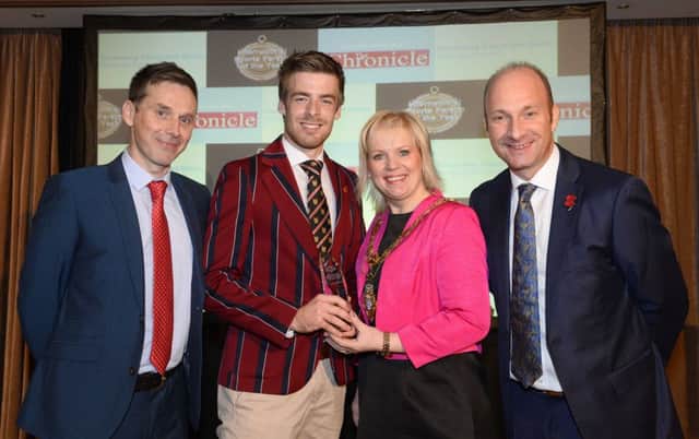 Winner of the International Sports
Person of the Year is Joe Cassells  presented by Mayor of Causeway Coast and Glens Borough Council, Councillor Michelle Knight McQuillan, with compere for the 
evening Stephen Watson, and sponsored by the Coleraine Chronicle, Damian Mullan.