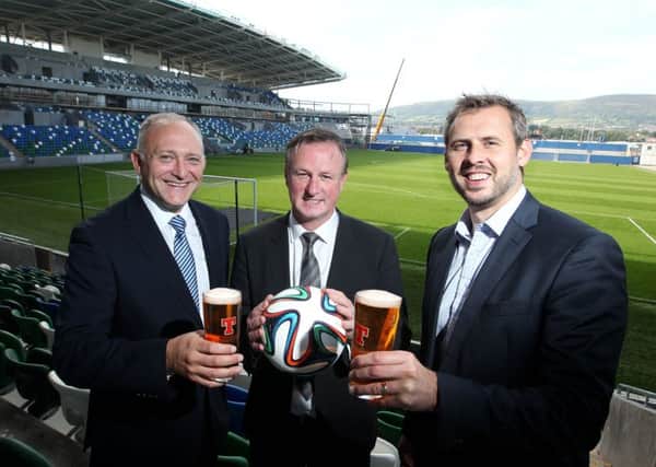 Pictured kicking of the new deal are Jeff Tosh, Sales Director, Tennents NI; Jim Shaw, President of the IFA; Michael ONeill, Manager of the Northern Ireland Football Team; and Brian Beattie, Marketing Director, Tennents NI.