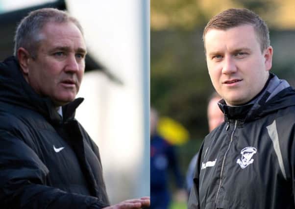 Lurgan Celtic manager Colin Malone (left) and Larne boss Davy McAlinden.