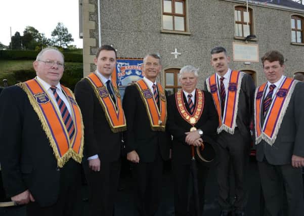 Pictured during the 80th anniversary celebrations at Kildoag Orange Hall on Friday evening were, from left, Donald Eakin, Worshipful District Master, District No.2, Gary Middleton MLA, Assistant Deputy City Grand Secretary, Alderman Maurice Devenney, Deputy City Grand Master, James Hetherington, City Grand Master, Gavin McCombe, Worshipful Master, Kildoag L.O.L. 1164, and Stuart Parkhill, Deputy Master. INLS3115-117KM