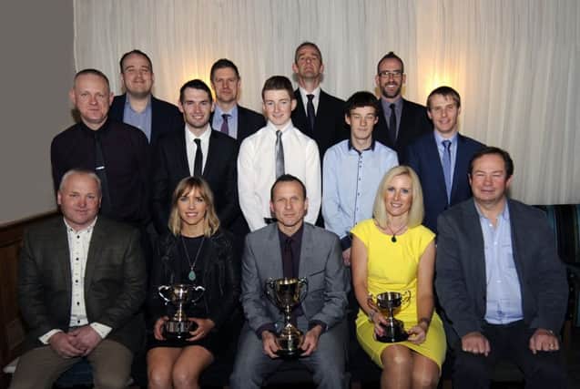 Prizewinners at Banbridge Cycling Clubs' Annual Presentation Evening in the Halfway House, included are Chairman Maurice Mayne and Secretary Paul Hannigan. INBL1546-229EB