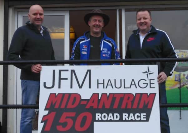 Tommy Gregg, right, pictured with Mid Antrim club treasurer Robin Brown, left, and Clerk of the Course Davy McCartney, centre. Picture: Roy Adams.
