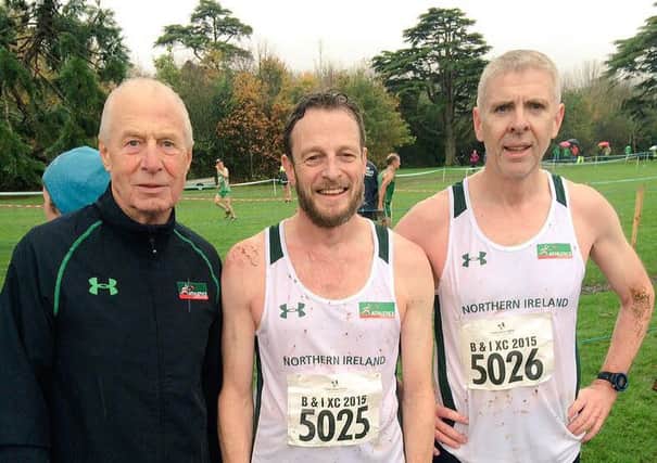 Larne AC's Charlie Meban, Craig Hutchinson and Bernard Brady at the Masters event in Dublin at the weekend. INLT 47-914-CON
