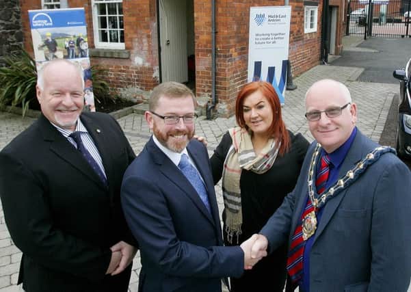 Chairman of Carrickfergus Regeneration Partnership, David Hilditch MLA; Heritage Lottery Fund Northern Ireland Committee Member, Mark Glover;  Mid and East Antrim Borough Council Chief Executive, Anne Donaghy, and Mayor of Mid and East Antrim, Councillor Billy Ashe.  INCT 47-733-CON