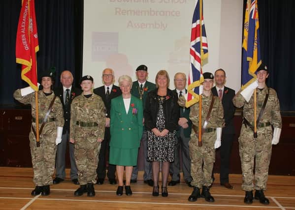 Downshire principal Jacqueline Stewart with participants in the remembrance assembly. INCT 46-796-CON