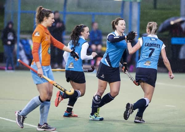 Megan Frazer is congratulated by team-mate Kirstie Lammey after scoring the second in Ulster Elks' 2-0 win over Ards. INLT 47-923-CON Photo: Philip McCloy