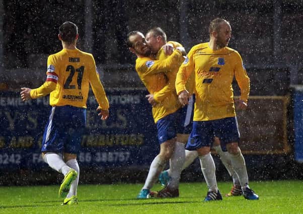 Ballymena United players celebrate Allan Jenkins' winning goal in Saturday's league victory at Ballinamallard. The Scot is again likely to lead the attack in Wednesday's League Cup quarter-final against Coleraine. Picture: Press Eye.