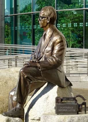Statue of Professor Frank Pantridge and his portable defibrallator at Lisburn Civic Centre