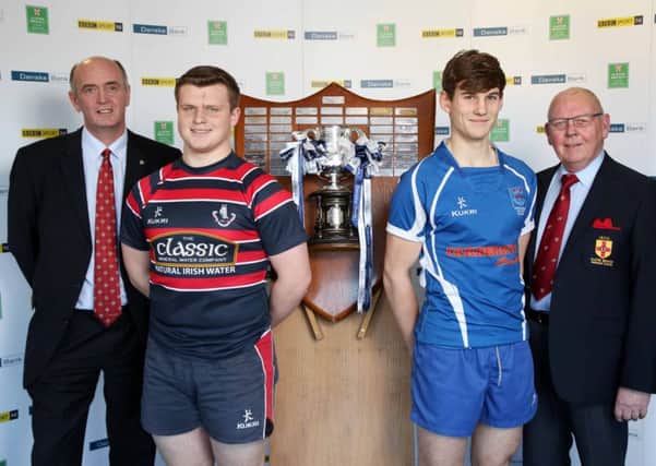 Pictured (L-R) at the launch of the 2015-16 Danske Bank Schools Cup are Ivan McMinn, Head of Business Acquisition at Danske Bank; Harry Simpson, Lurgan College captain; Michael Orr, Portadown College captain and Bobby Stewart IRFU President. Lurgan College will play Portadown College at home in the second round of the competition on Saturday, January 9.