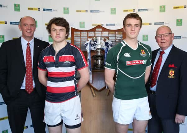 Pictured (L-R)  at the launch of the 2015-16 Danske Bank Schools Cup are Ivan McMinn, Head of Business Acquisition at Danske Bank; Jason Lyons, Wellington College, Belfast captain; James Maxwell, Friends School, Lisburn captain and Bobby Stewart IRFU President. Wellington College, Belfast will play Friends School, Lisburn at home in the second round of the competition on Saturday 9 January.