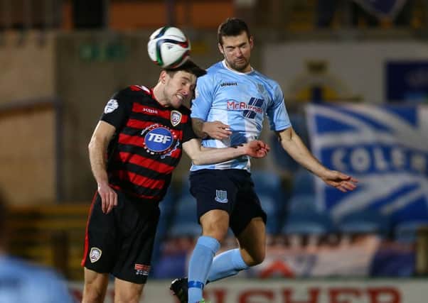 Ballymena's Neal Gawley  with Coleraine's Garth Falconer during Wednesday nights JBE League Cup Quarter-Final at the Showgrounds, Ballymena. Picture: Press Eye.