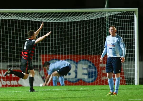 Ballymena United's players turn away in disappointment as James McLaughlin scores his and Coleraine's second goal in tonight's JBE League Cup quarter-final at the Showgrounds. Picture: Press Eye.