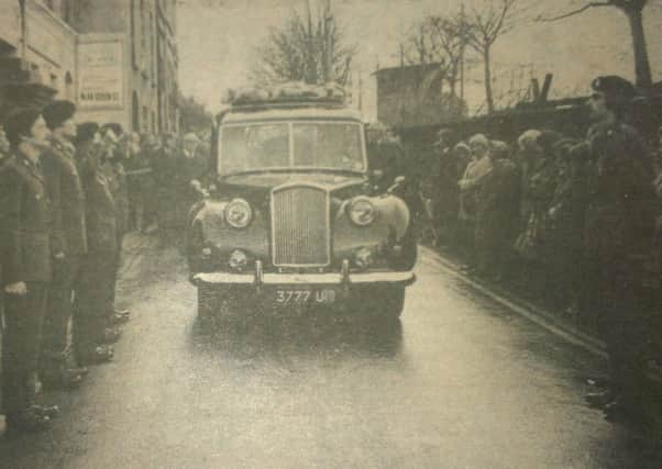 Members of 'B' Company, 5 UDR, formed a guard of honur as the funeral of Mr  Robert Stott arrived for serive at First Derry Presbyterian Church.