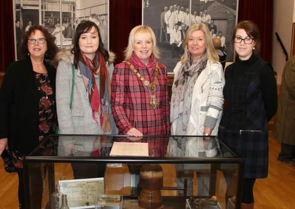 Pictured at the launch of the exhibition at Coleraine Town Hall are; Helen Perry, Museum Service, Rachael Crawford, Museum volunteer and organiser, Councillor Michelle Knight-McQuillan, Mayor, Barbara Harding, Museum volunteer and organiser, and Sarah Carson, Museum Service. INCR49-318PL