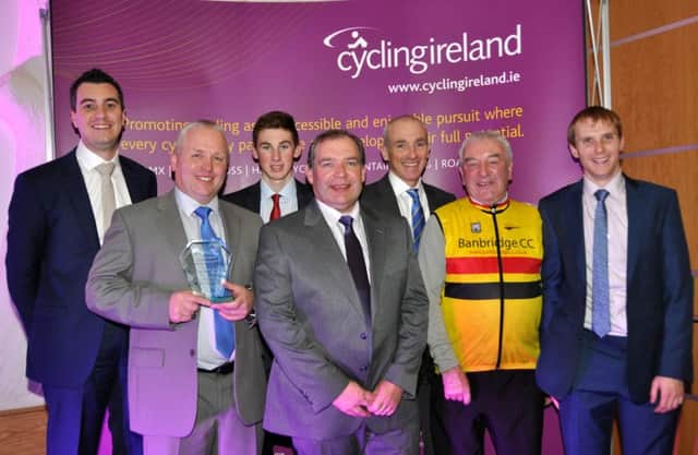 Celebrating their Cycling Ireland Cycling Club of the Year award, from left to right: Aaron Wallace, Maurice Mayne, James Curry, Alan Towell, Simon Curry, Gerry Beggs and Gareth McKee.