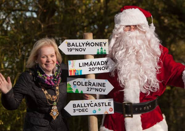 Santa Claus has contacted Causeway Coast and Glens Borough Council to confirm the dates that he will be making his special appearances to switch on the festive lighting within the Borough. Pictured are the Mayor of Causeway Coast and Glens Borough Council, Councillor Michelle Knight-McQuillan with Santa.