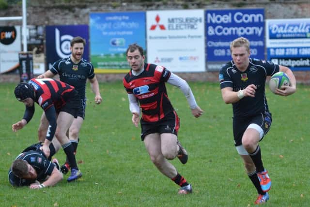 Ballymena's James Beattie sets off on a sixty metre run to the line in Saturday's win at Armagh. Picture: Ken Redpath.