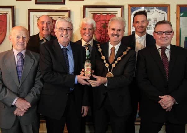 Distillery celebrated their 135th Anniversary last Friday night with a special dinner event at the club. Pictured alongside chairman Jim Greer and Mayor of Lisburn and Castlereagh City Council, Councillor Thomas Beckett, are former players (l-r) Roy Welsh, Winkie Armstrong, Derek Meldrum, Paul Muir and Bertie McMinn. Picture - David Hunter.