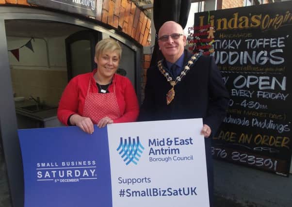 Mayor of Mid and East Antrim Borough Councillor Billy Ashe is shown lending his support with one local retailer, Linda Devecchis, from Lindas Original Dessert Factory at Raceview Mill, Broughshane.