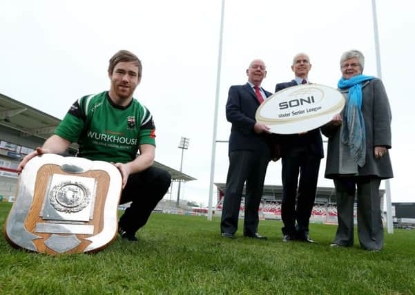 City of Derry's David Ferguson, attended the launch and is pictured with (L-R) Bobby Stewart, President of IRFU Ulster Branch, Robin McCormick, General Manager of SONI, and Dr Joan Smyth, board member of SONI.