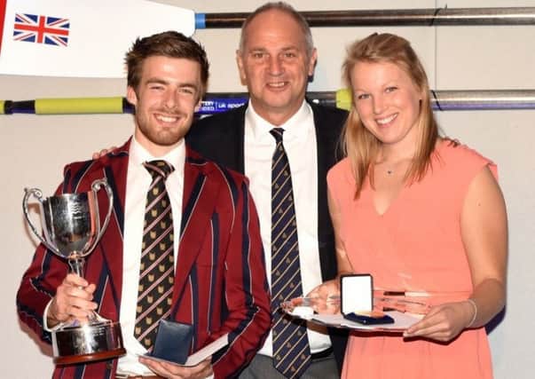 Joel Cassells and Nicole Lamb receive their awards from Sir Steve Redgrave.