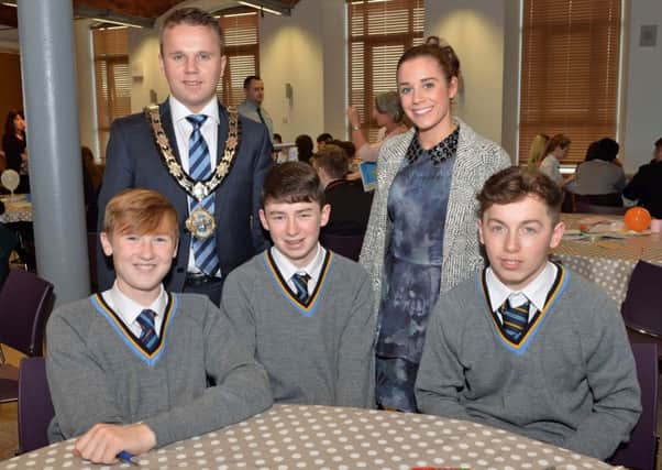 Pictured at the tourism masterclass in Mossley Mill are Mayor Thomas Hogg with Edmund Rice College students Ethan Casey, Liam Brothy and Dylan Mallon and their teacher, Jennifer McKeever. INNT 47-005-PSB