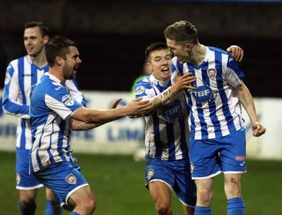 Jamie McGonigle celebrates after scoring Coleraine's second goal on Saturday. Picture by Freddie Parkinson/Press Eye