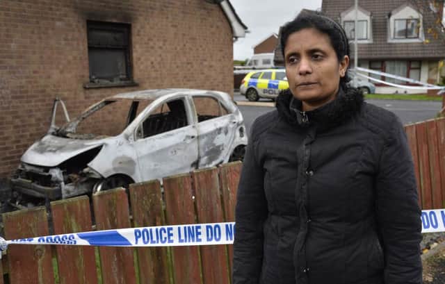 Subi Bhilip, a Cardiac nurse from Antrim, pictured at her home which was targeted in an overnight arson attack.  Picture: Stephen Hamilton/Presseye