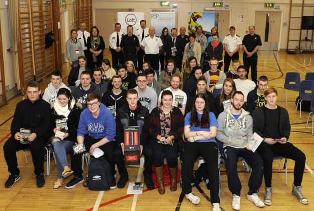 Students from Banbridge Campus SRC who attended the SRC / PCSP Young Drivers & Passengers Awareness Raising Session, included are representatives from the PSNI, NI Fire & Rescue Service, React, New Driver NI and Allstate NI.©Edward Byrne Photography INBL1548-206EB