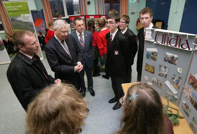 (From left) Neville Watson, principal Forge Integrated, HRH the Duke of Gloucester; Dr Ian Humphreys, CEO Keep Northern Ireland Beautiful and Ulidia pupils Adam Aston, Adam Haggan and Owen Gault. INCT 48-794-CON