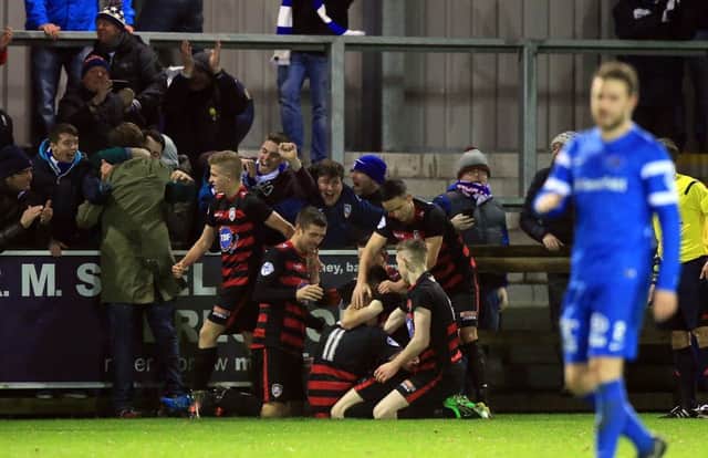 Celebration time for Coleraine after they picked up all three points at Ballinmallard.  Picture by  Presseye / John McVitty
