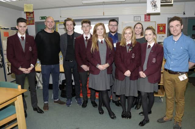Pupils and staff with members of the Integrated Education Alumni Association during their visit to Ulidia College. INCT 48-202-AM