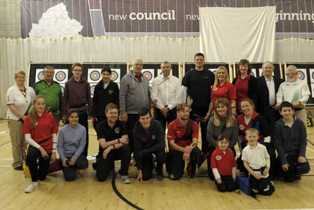 Competitors taking part in the 14th British Barebow Championships in Banbridge Leisure Centre are pictured with Chief Judge Tony McLoughlin and Judges Bernie Scullion and Frank Mulligan ©Edward Byrne Photography INBL1548-272EB-ARCHERY